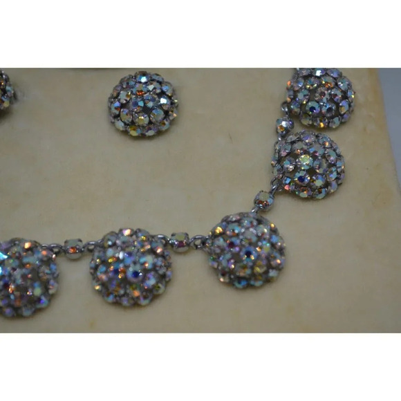 Aurora Borealis Necklace Earrings Bracelet Set 1960s Semicircle Ball Charms  Vtg - Picture 5 of 12